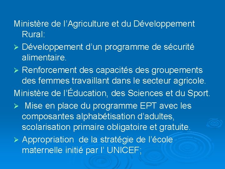 Ministère de l’Agriculture et du Développement Rural: Ø Développement d’un programme de sécurité alimentaire.