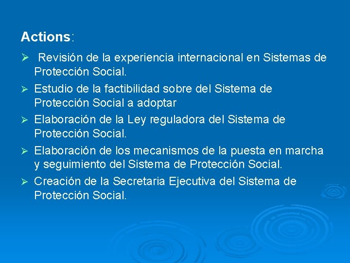 Actions: Ø Revisión de la experiencia internacional en Sistemas de Protección Social. Ø Estudio