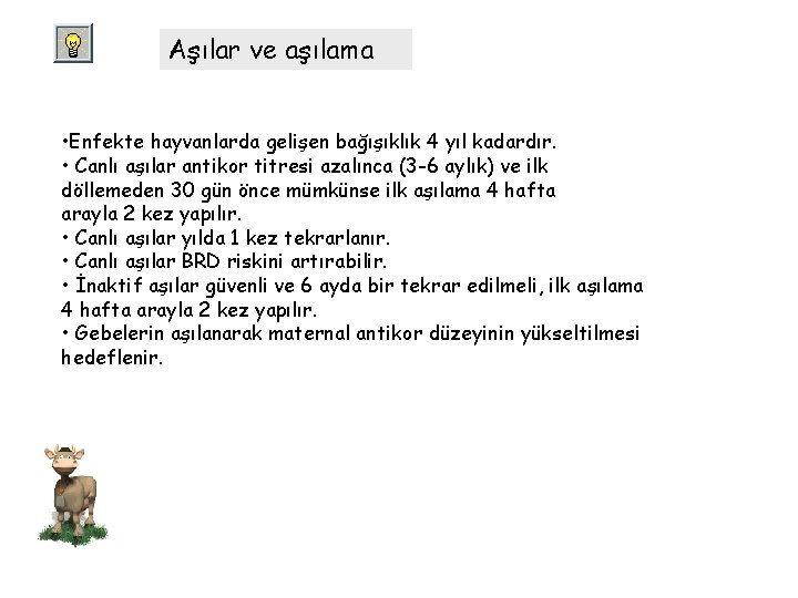 Aşılar ve aşılama • Enfekte hayvanlarda gelişen bağışıklık 4 yıl kadardır. • Canlı aşılar
