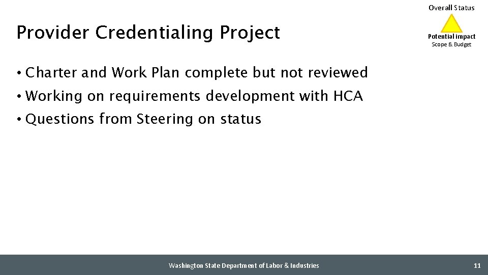 Overall Status Provider Credentialing Project Potential impact Scope & Budget • Charter and Work