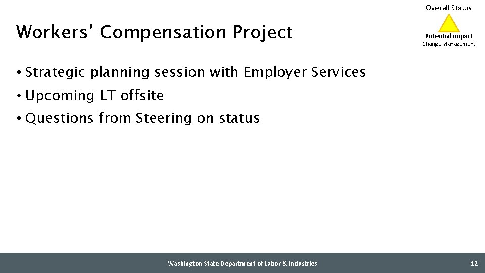 Overall Status Workers’ Compensation Project Potential impact Change Management • Strategic planning session with