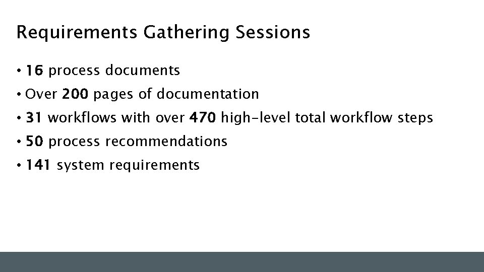 Requirements Gathering Sessions • 16 process documents • Over 200 pages of documentation •