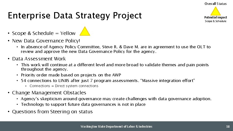 Overall Status Enterprise Data Strategy Project Potential impact Scope & Schedule • Scope &