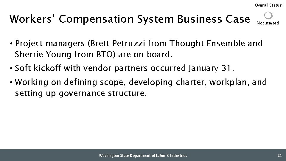 Overall Status Workers’ Compensation System Business Case m Not started • Project managers (Brett