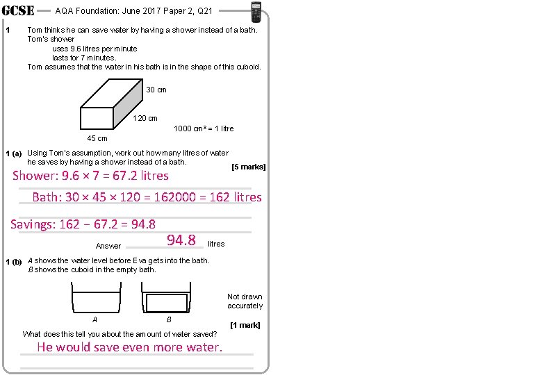 AQA Foundation: June 2017 Paper 2, Q 21 1 Tom thinks he can save