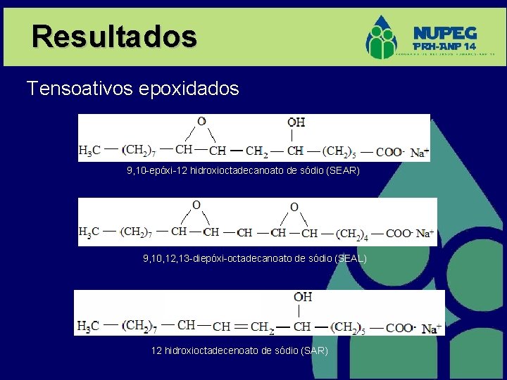 Resultados Tensoativos epoxidados 9, 10 -epóxi-12 hidroxioctadecanoato de sódio (SEAR) 9, 10, 12, 13