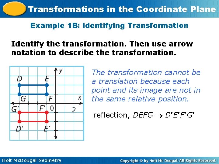 Transformations in the Coordinate Plane Example 1 B: Identifying Transformation Identify the transformation. Then