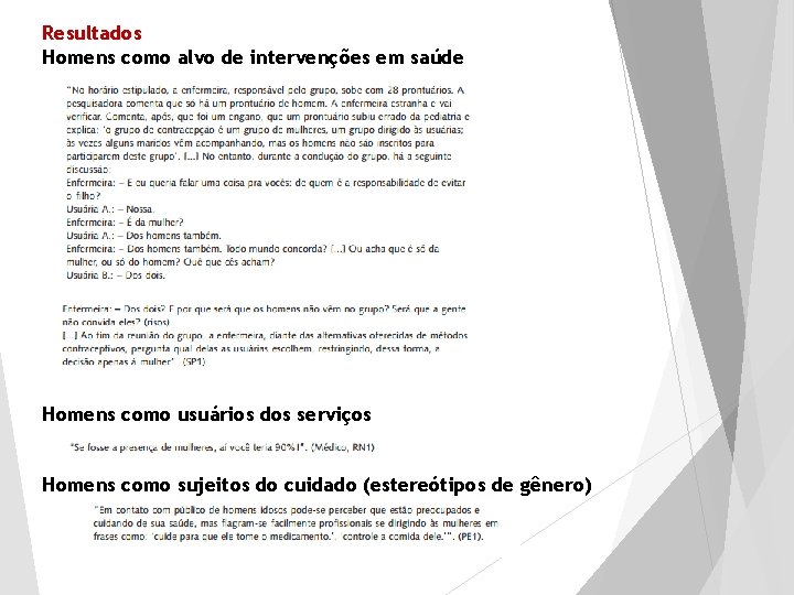 Resultados Homens como alvo de intervenções em saúde Homens como usuários dos serviços Homens