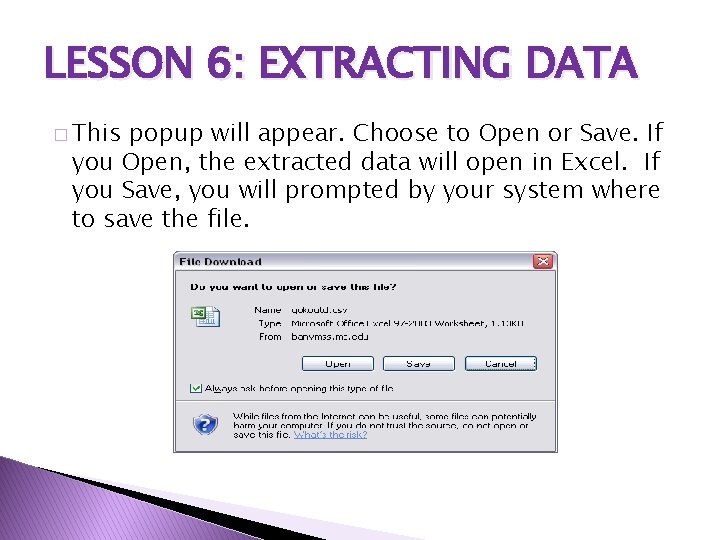 LESSON 6: EXTRACTING DATA � This popup will appear. Choose to Open or Save.