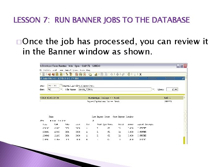 LESSON 7: RUN BANNER JOBS TO THE DATABASE � Once the job has processed,