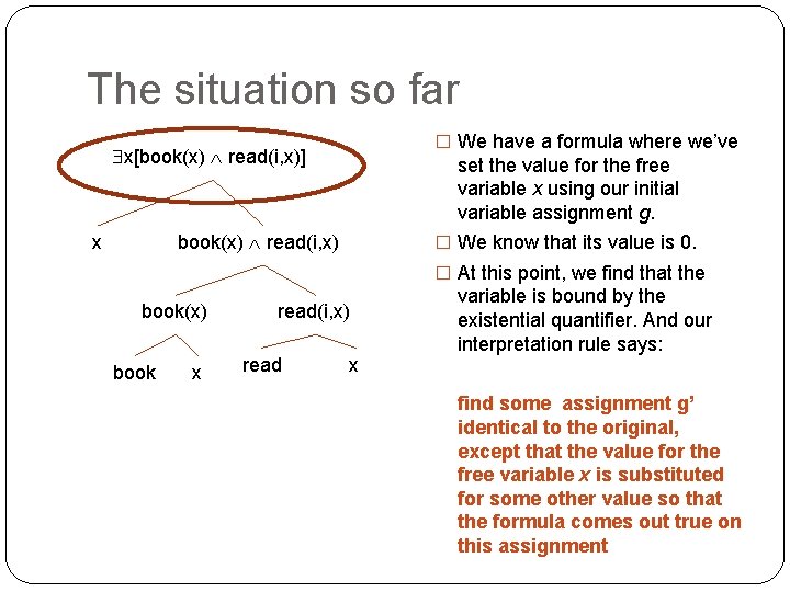 The situation so far � We have a formula where we’ve x[book(x) read(i, x)]