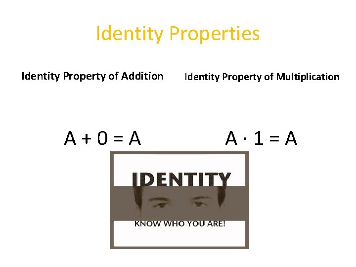 Identity Properties Identity Property of Addition A + 0 = A Identity Property of Identity Properties Identity Property of Addition A + 0 = A Identity Property of