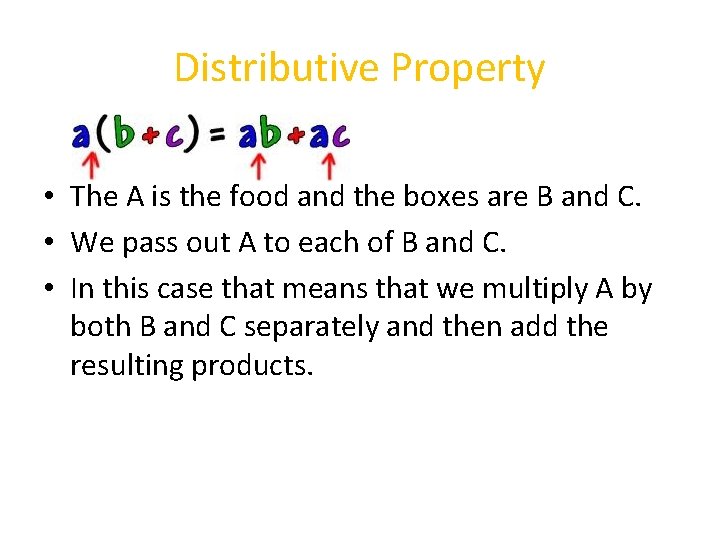 Distributive Property • The A is the food and the boxes are B and