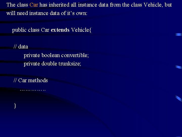 The class Car has inherited all instance data from the class Vehicle, but will