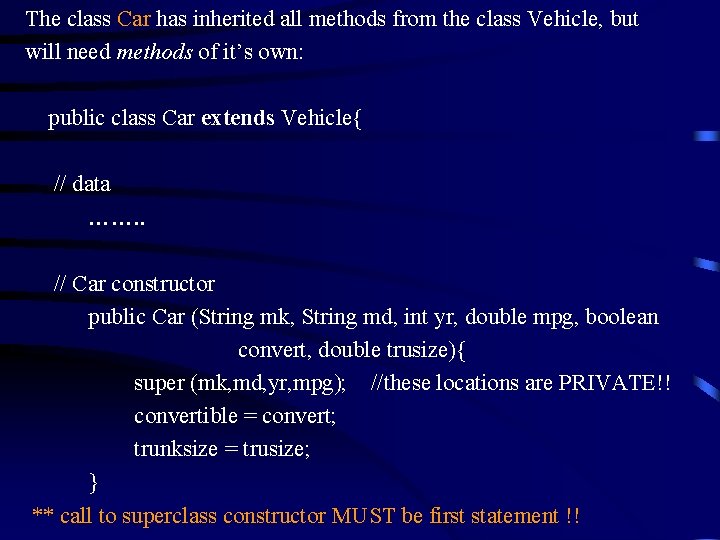 The class Car has inherited all methods from the class Vehicle, but will need