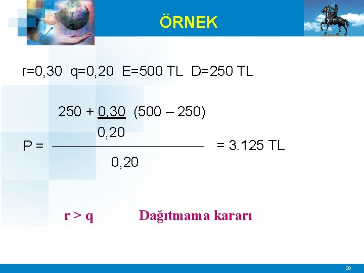 ÖRNEK r=0, 30 q=0, 20 E=500 TL D=250 TL P= 250 + 0, 30