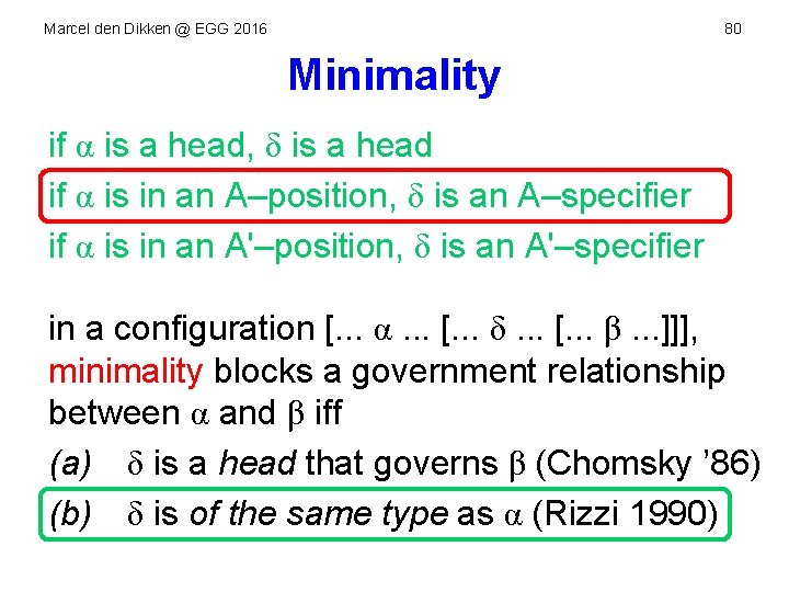 Marcel den Dikken @ EGG 2016 80 Minimality if α is a head, δ