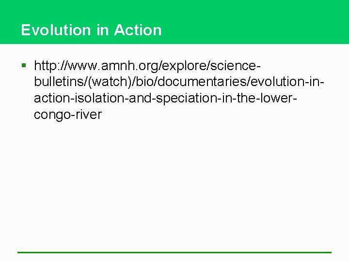 Evolution in Action § http: //www. amnh. org/explore/sciencebulletins/(watch)/bio/documentaries/evolution-inaction-isolation-and-speciation-in-the-lowercongo-river 