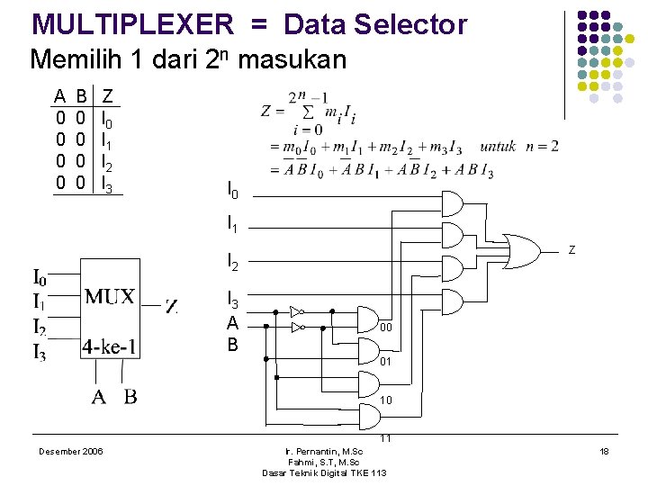 MULTIPLEXER = Data Selector Memilih 1 dari 2 n masukan A 0 0 B