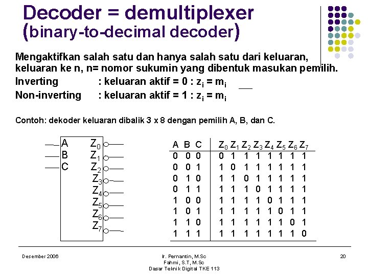 Decoder = demultiplexer (binary-to-decimal decoder) Mengaktifkan salah satu dan hanya salah satu dari keluaran,