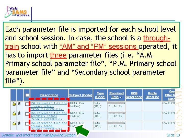 Each parameter file is imported for each school level and school session. In case,