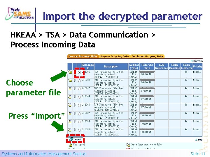 Import the decrypted parameter HKEAA > TSA > Data Communication > Process Incoming Data