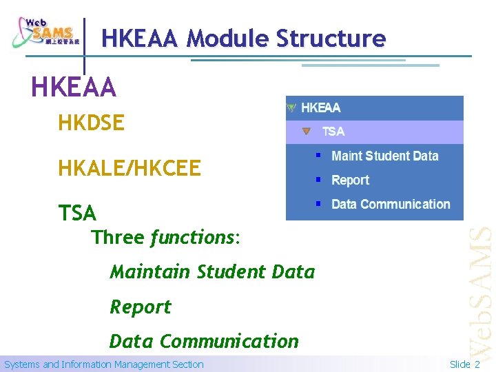 HKEAA Module Structure HKEAA HKDSE HKALE/HKCEE TSA Three functions: 1. Maintain Student Data 2.