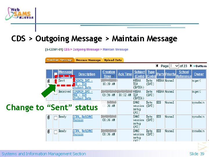 CDS > Outgoing Message > Maintain Message Change to “Sent” status Systems and Information