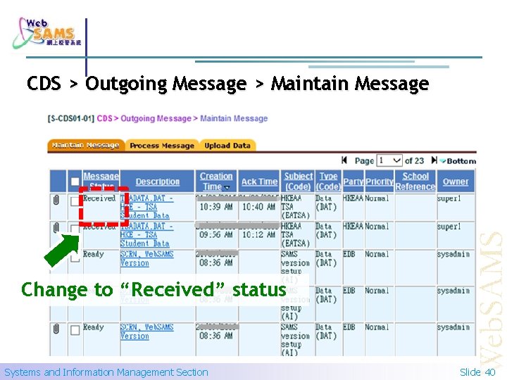 CDS > Outgoing Message > Maintain Message Change to “Received” status Systems and Information