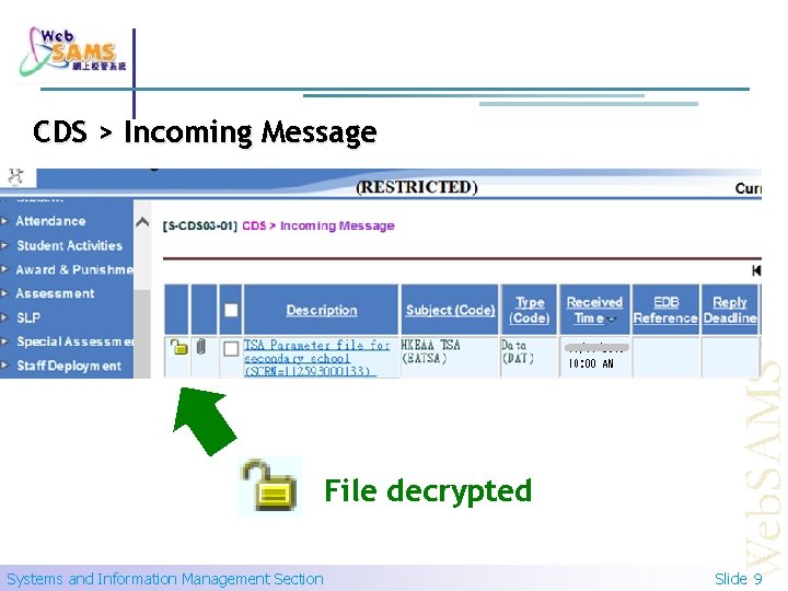 CDS > Incoming Message File decrypted Systems and Information Management Section Slide 9 