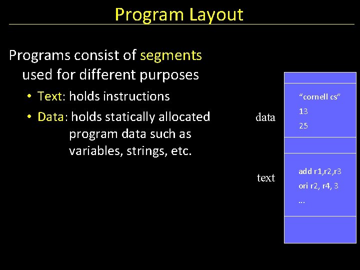 Program Layout Programs consist of segments used for different purposes • Text: holds instructions