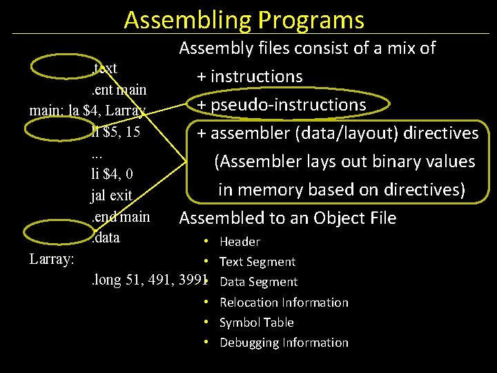 Assembling Programs Assembly files consist of a mix of + instructions + pseudo-instructions +