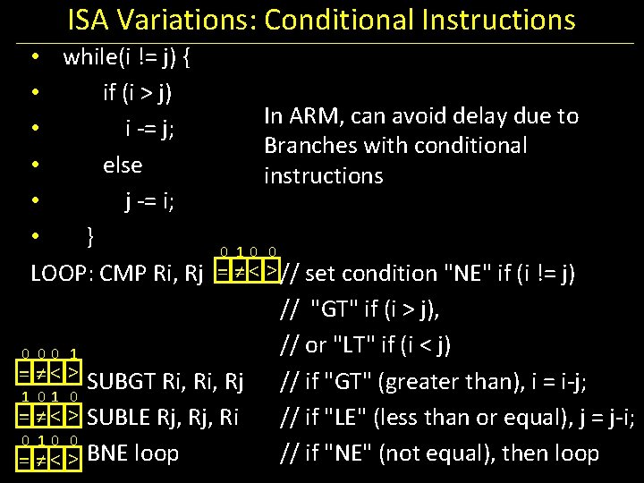 ISA Variations: Conditional Instructions • while(i != j) { • if (i > j)