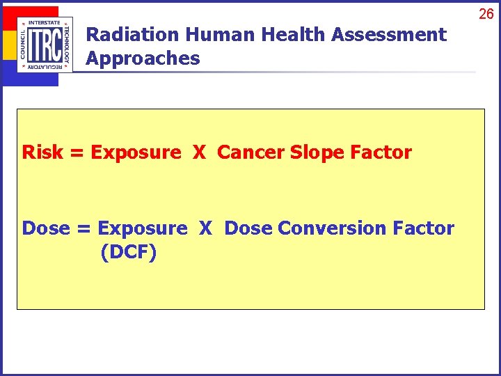 26 Radiation Human Health Assessment Approaches Risk = Exposure X Cancer Slope Factor Dose