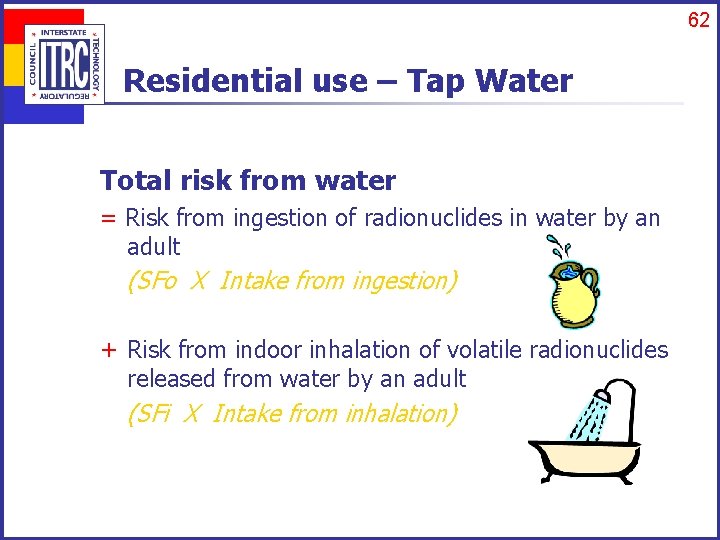 62 Residential use – Tap Water Total risk from water = Risk from ingestion