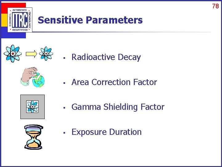 78 Sensitive Parameters § Radioactive Decay § Area Correction Factor § Gamma Shielding Factor