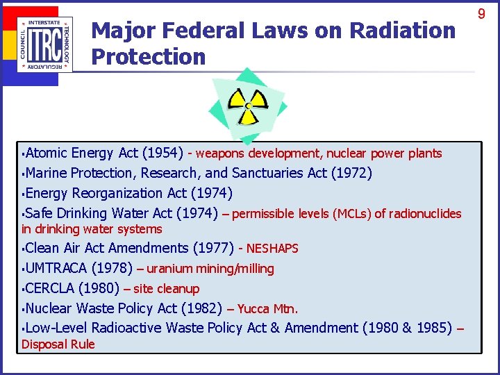 Major Federal Laws on Radiation Protection Atomic Energy Act (1954) - weapons development, nuclear
