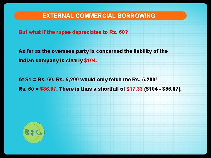 EXTERNAL COMMERCIAL BORROWING But what if the rupee depreciates to Rs. 60? As far