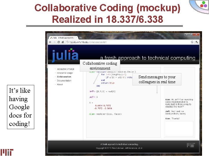Collaborative Coding (mockup) Realized in 18. 337/6. 338 Collaborative coding environment Send messages to