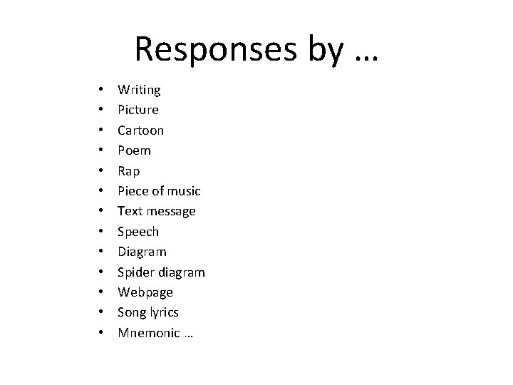 Responses by … • • • • Writing Picture Cartoon Poem Rap Piece of