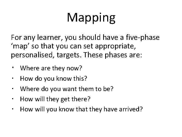 Mapping For any learner, you should have a five-phase ‘map’ so that you can