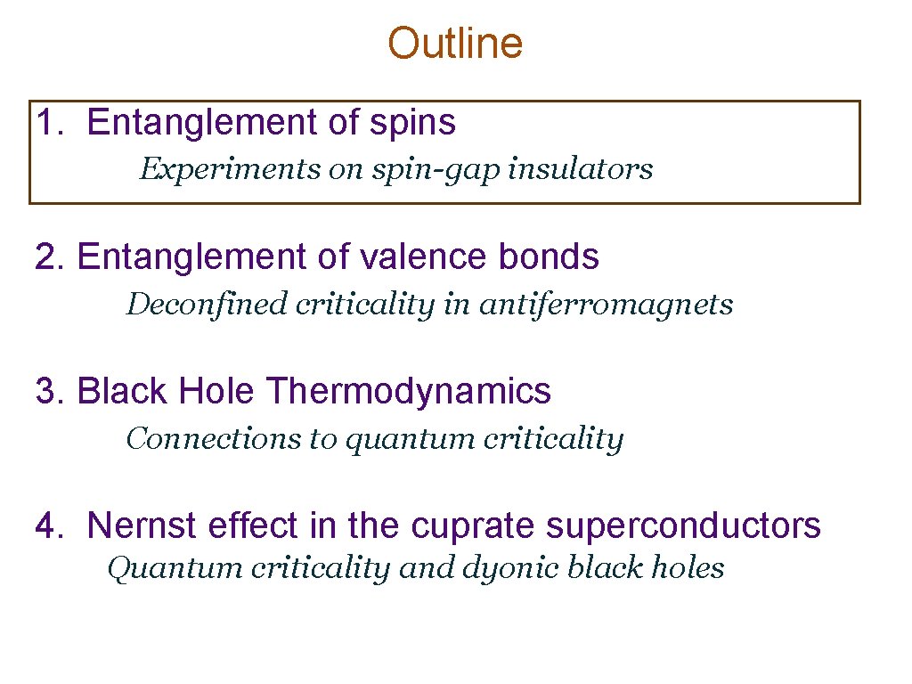 Outline 1. Entanglement of spins Experiments on spin-gap insulators 2. Entanglement of valence bonds