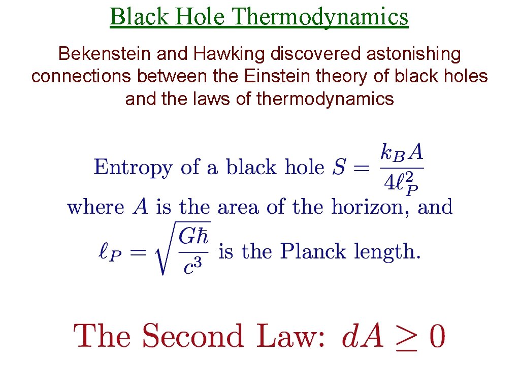 Black Hole Thermodynamics Bekenstein and Hawking discovered astonishing connections between the Einstein theory of
