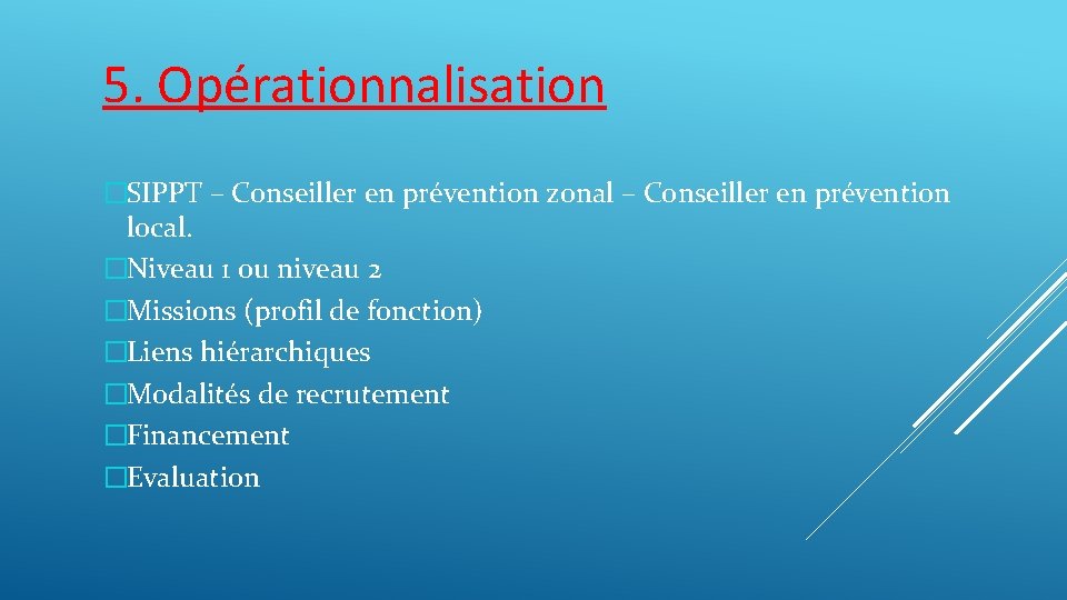 5. Opérationnalisation �SIPPT – Conseiller en prévention zonal – Conseiller en prévention local. �Niveau