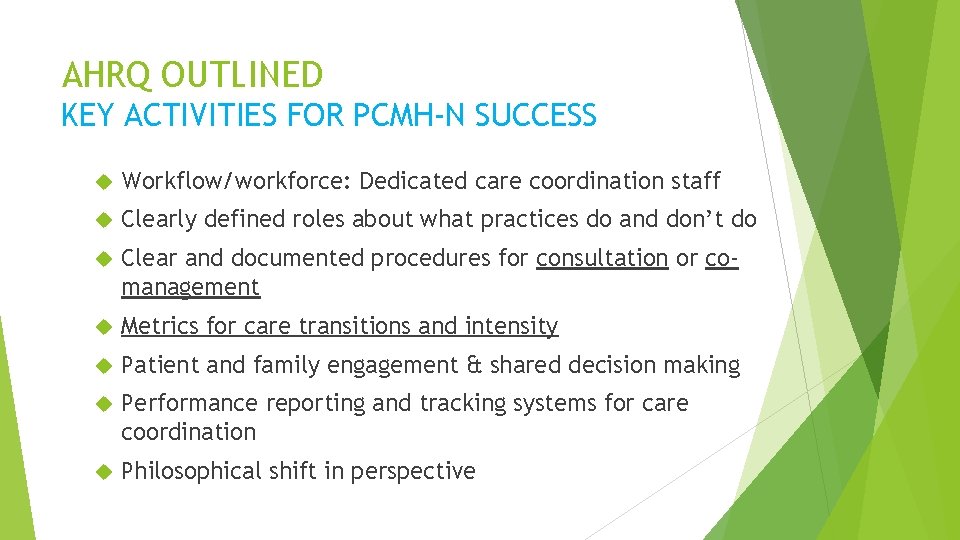 AHRQ OUTLINED KEY ACTIVITIES FOR PCMH-N SUCCESS Workflow/workforce: Dedicated care coordination staff Clearly defined