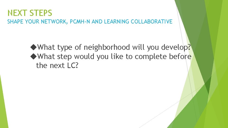 NEXT STEPS SHAPE YOUR NETWORK, PCMH-N AND LEARNING COLLABORATIVE What type of neighborhood will