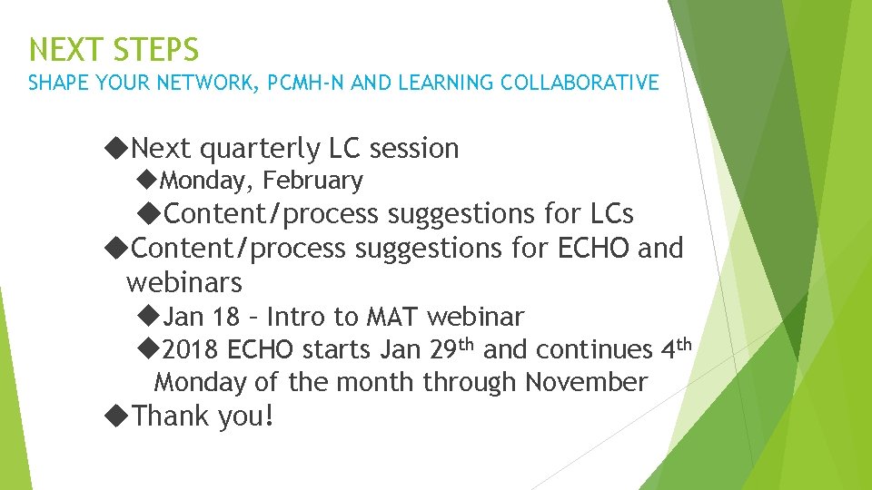 NEXT STEPS SHAPE YOUR NETWORK, PCMH-N AND LEARNING COLLABORATIVE Next quarterly LC session Monday,
