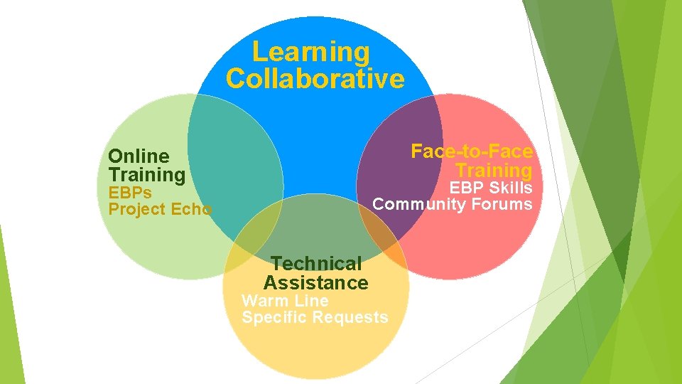 Learning Collaborative Face-to-Face Training Online Training EBP Skills Community Forums EBPs Project Echo Technical