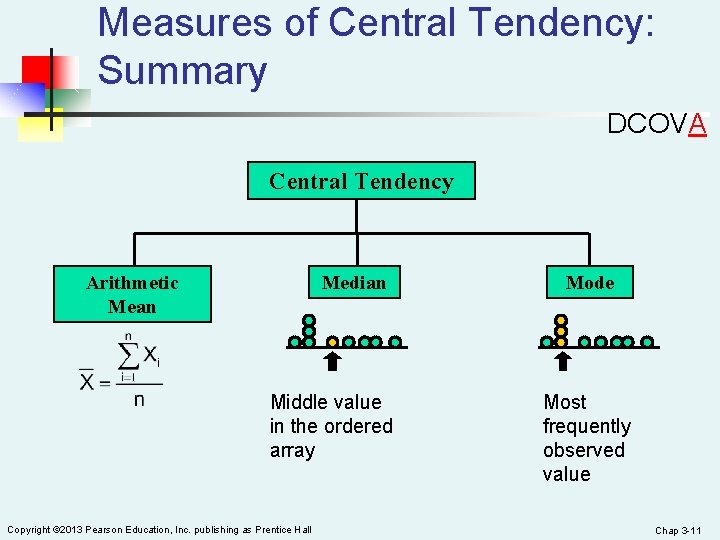 Measures of Central Tendency: Summary DCOVA Central Tendency Arithmetic Mean Median Middle value in