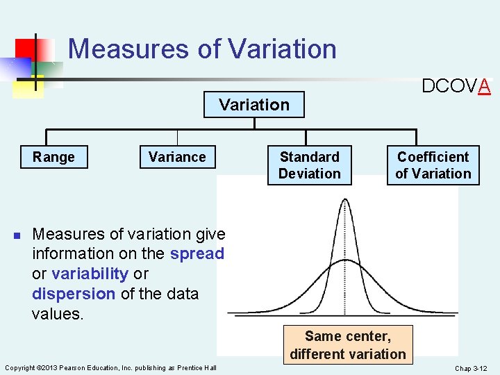 Measures of Variation DCOVA Variation Range n Variance Standard Deviation Coefficient of Variation Measures